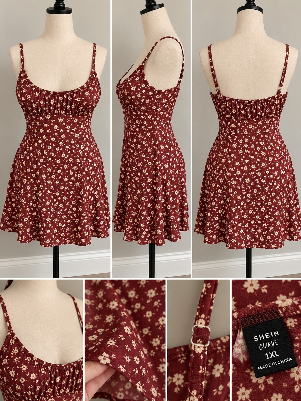 SHEIN Burgundy Floral Spaghetti-Strap Mini Dress